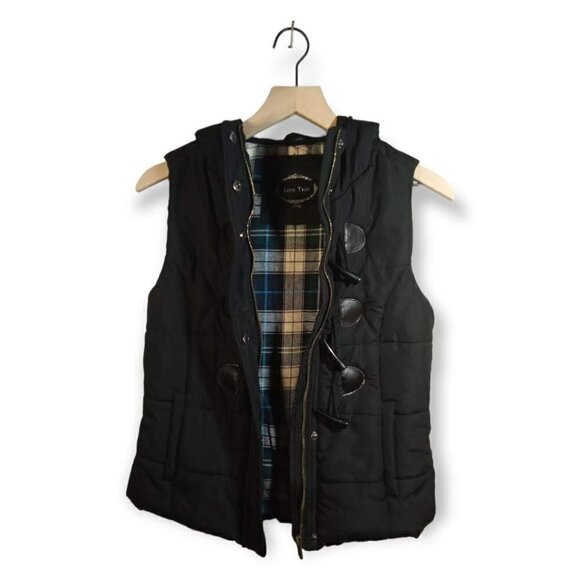 Love Tree Black Flannel Lined Hooded Puffer Vest Size Small - Picture 2 of 4